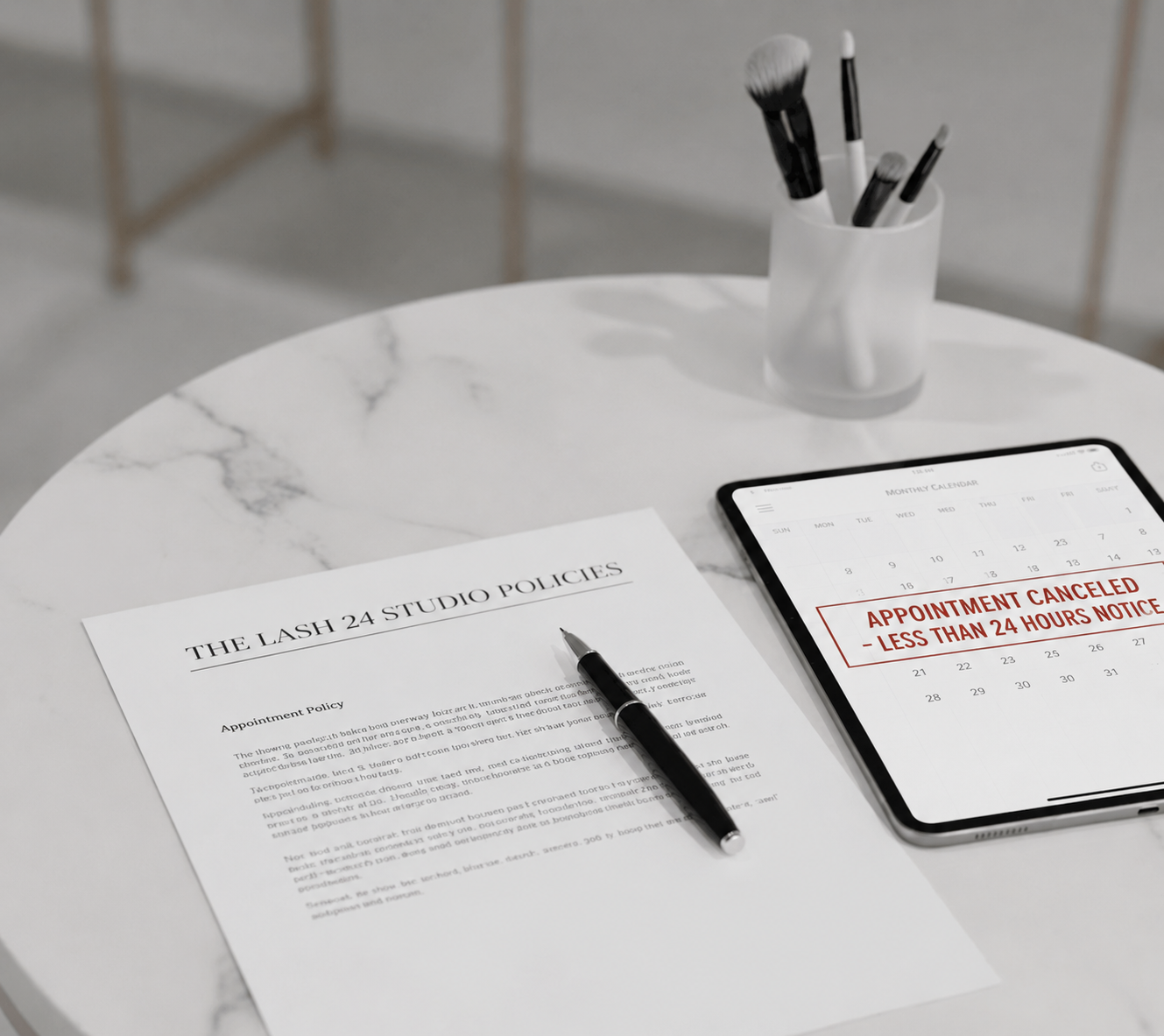 The Lash 24 Studio Policies, including cancellation and late arrival rules, shown next to a digital calendar