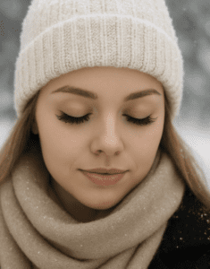 Close-up of a woman with volume eyelash extensions wearing a winter beanie and scarf in the snow, illustrating winter lash care tips for long-lasting results.