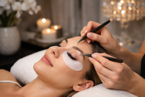 Client relaxing while receiving professional eyelash extensions at The Lash 24 Studio near Draper, Utah
