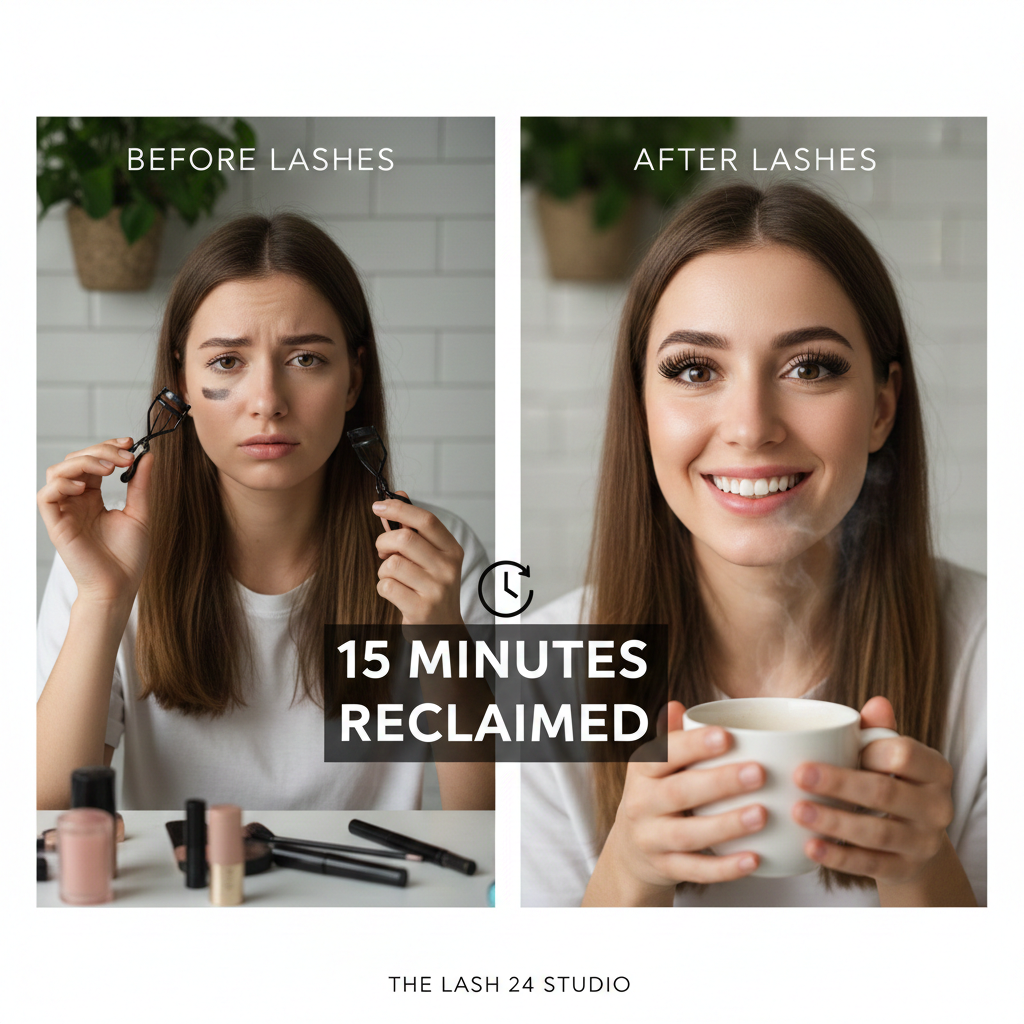 A before and after comparison of a morning routine showing the time-saving benefits of lash extensions at The Lash 24 Studio.