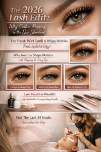 Custom mapped wet look lash extensions infographic at The Lash 24 Studio showing wispy hybrid styles and eye shape lash mapping