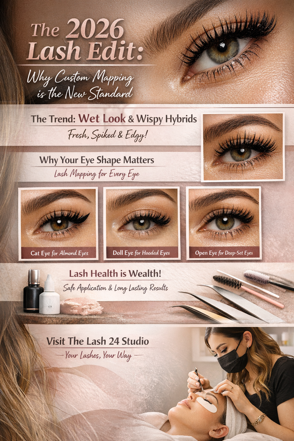 Custom mapped wet look lash extensions infographic at The Lash 24 Studio showing wispy hybrid styles and eye shape lash mapping