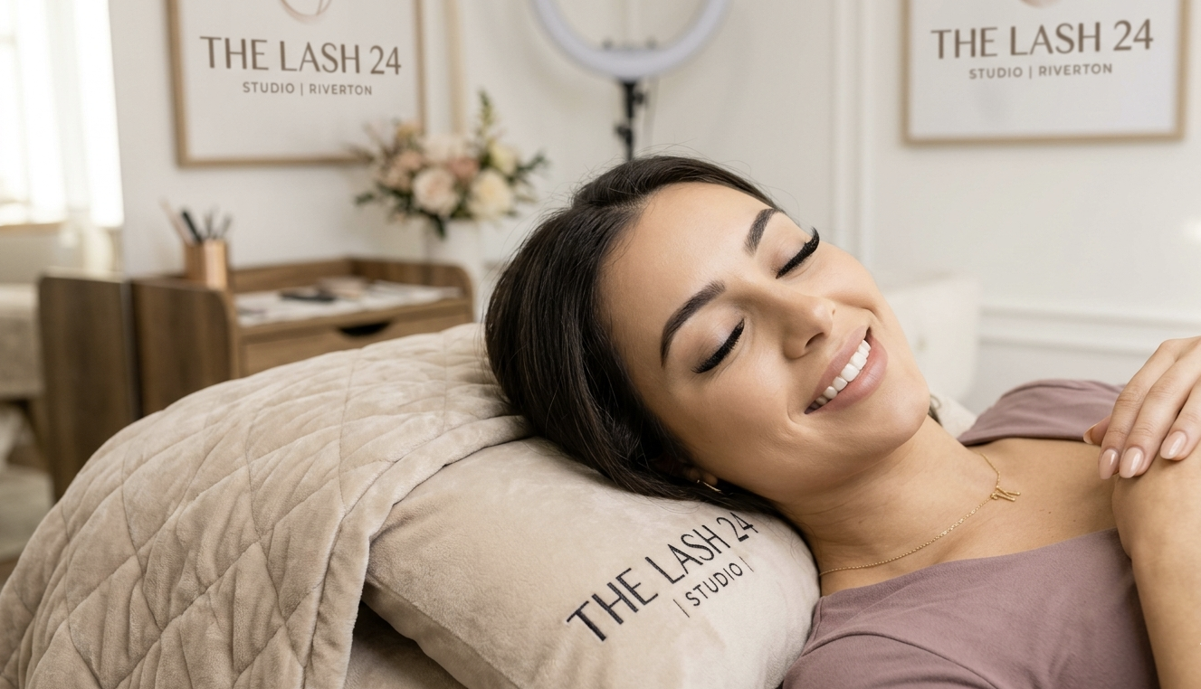 A relaxed client with luxury eyelash extensions at The Lash 24 Studio in Riverton, showing professional, customized lash results in a clean and elegant spa environment.