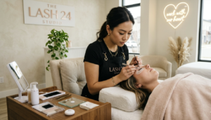 Lash extensions Riverton UT client receiving precise eyelash extension application with individual lash isolation