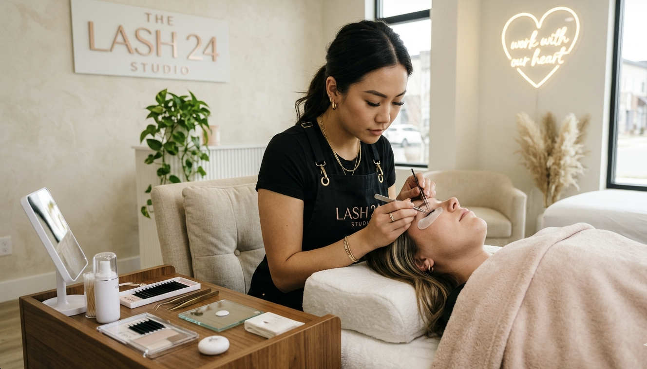 Lash extensions Riverton UT client receiving precise eyelash extension application with individual lash isolation