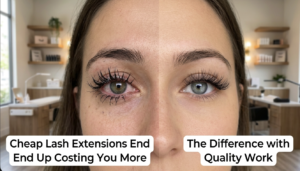 A side-by-side view of poor lash isolation with eye irritation on the left, and healthy, natural-looking lash extensions on the right.