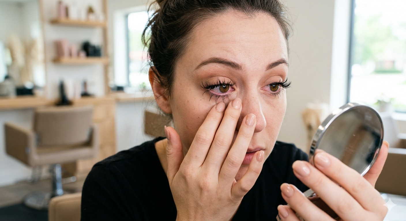 Woman checking for signs of lash extension damage and irritation in a mirror.