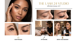 Lash extensions before and after comparison at The Lash 24 Studio showing classic and volume styles.