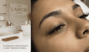 Close-up of a flawless, consistent classic eyelash extension set applied by a professional lash artist at The Lash 24 Studio in Riverton, Utah.