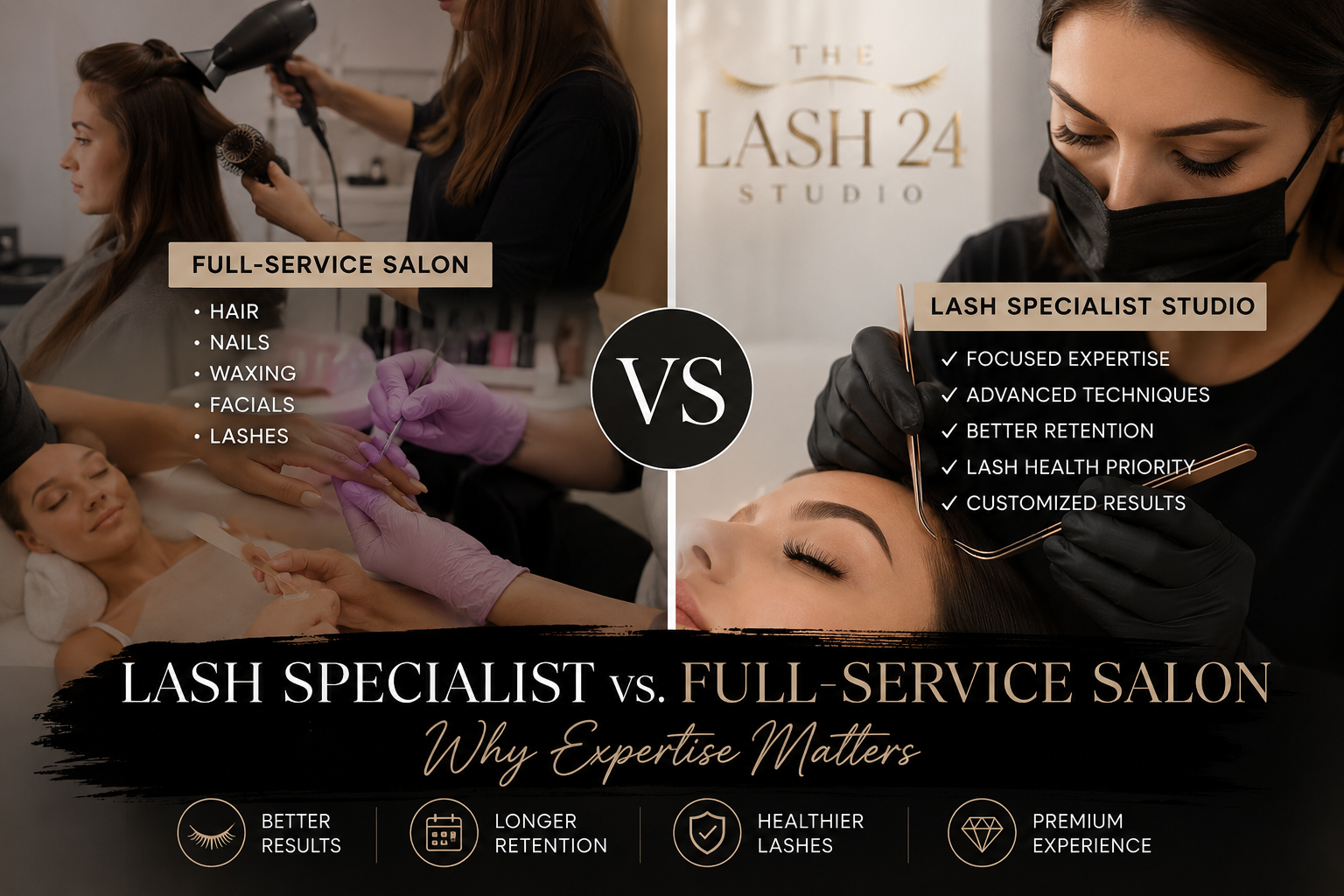 Lash specialist applying eyelash extensions at The Lash 24 Studio in Riverton Utah compared to a full-service beauty salon.