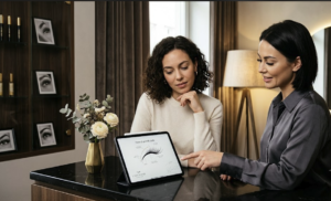 A professional lash artist explaining the natural growth cycle on a tablet to a client during a luxury eyelash extension consultation in a premium beauty salon.