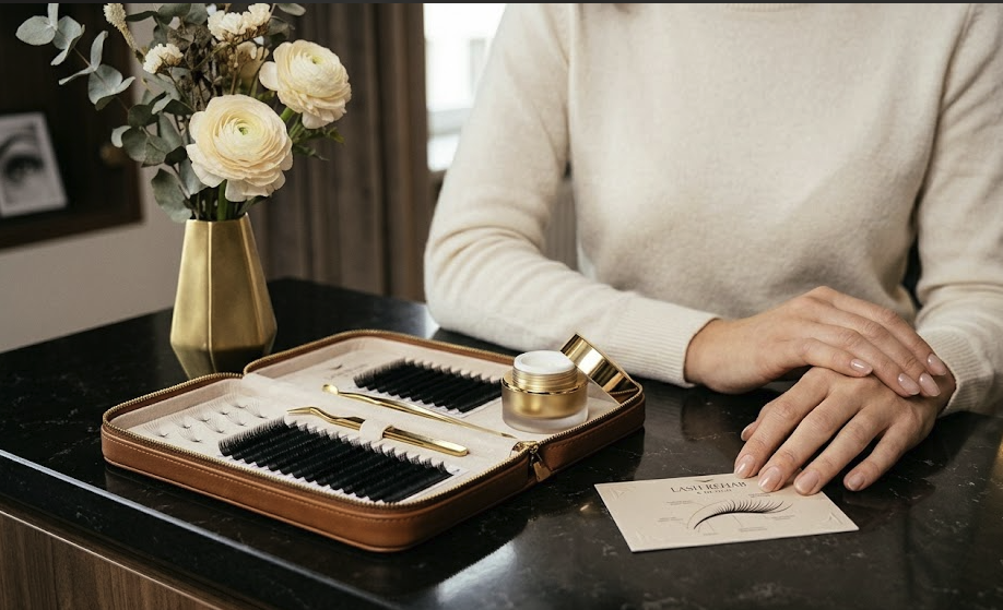 Premium individual eyelash extensions and high-end gold application tools displayed on a black counter next to an informational lash health card.