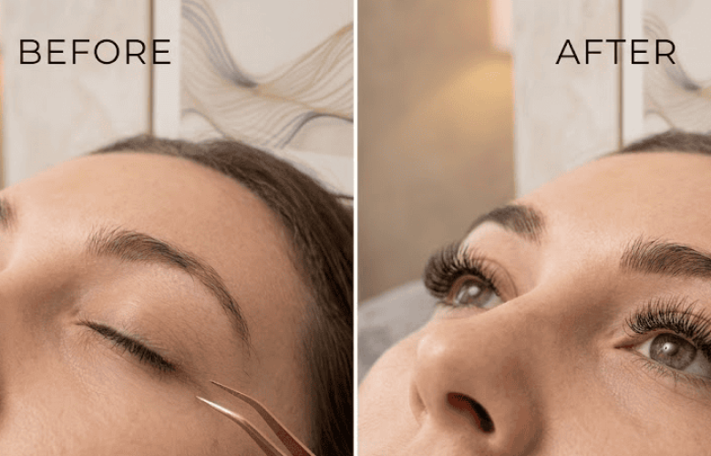 Before and after split image of a custom premium eyelash extension set at The Lash 24 Studio